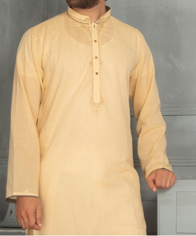 Men Embroidery Kurta - Yellow