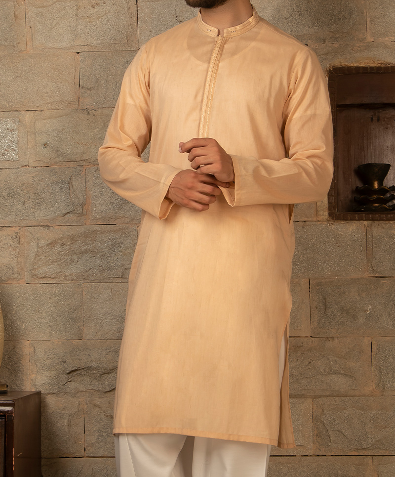 MEN EMBROIDERY SEMI FORMAL PEACH KURTA