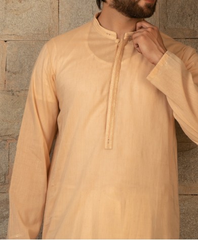 Men Embroidery Kurta - Peach