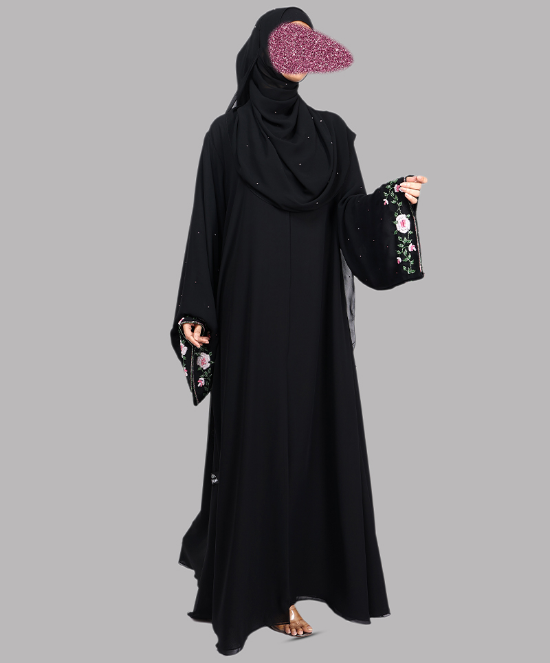 Flower 4 Pc Set Abaya - Black